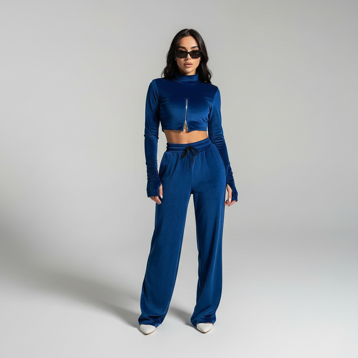 Elegant women's velvet loungewear set, ideal for cozy evenings or stylish athleisure wear.