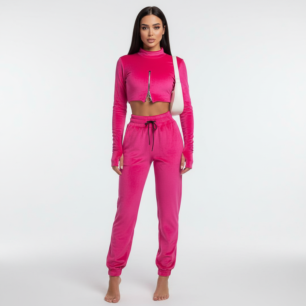 Full body shot of a woman wearing a chic velvet loungewear set, demonstrating its relaxed fit.