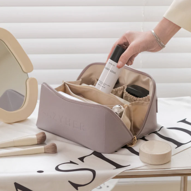 Stylish BelleVault women's travel makeup bag, water-resistant for portable cosmetic storage on the go.