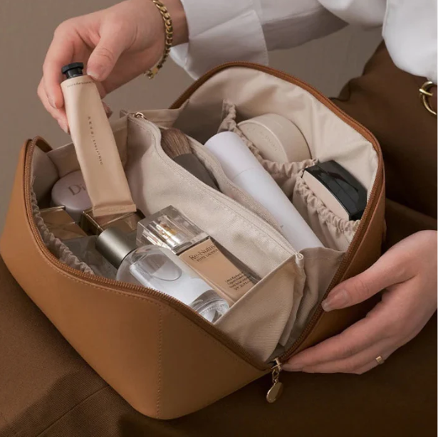 Water-resistant BelleVault Luxe cosmetic organizer, protecting makeup & beauty items during travel.