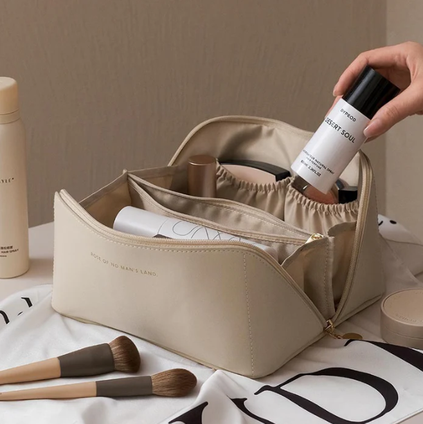 Elegant BelleVault women's luxe beauty case, a stylish travel makeup bag for all cosmetic essentials.