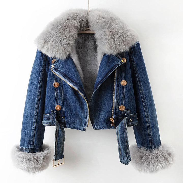 Women's luxe lined winter coat with detachable plush collar, gold hardware & adjustable waist for elegant style.