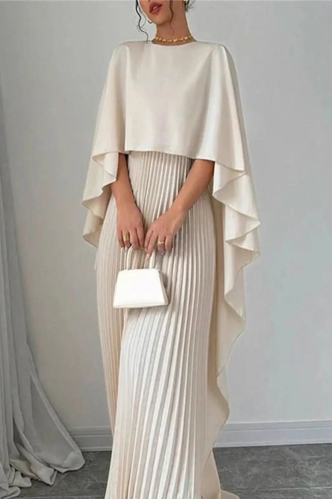 Luxurious long pleated maxi dress for women, featuring a sophisticated cape, perfect for formal evening gowns.