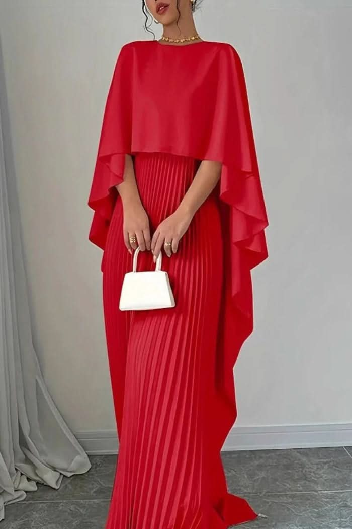 Stylish women's cape maxi dress with elegant pleats, a perfect long dress for formal parties or special events.