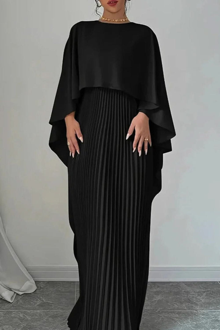 Graceful women's formal pleated maxi dress with a stunning cape, an ideal choice for any elegant evening event.