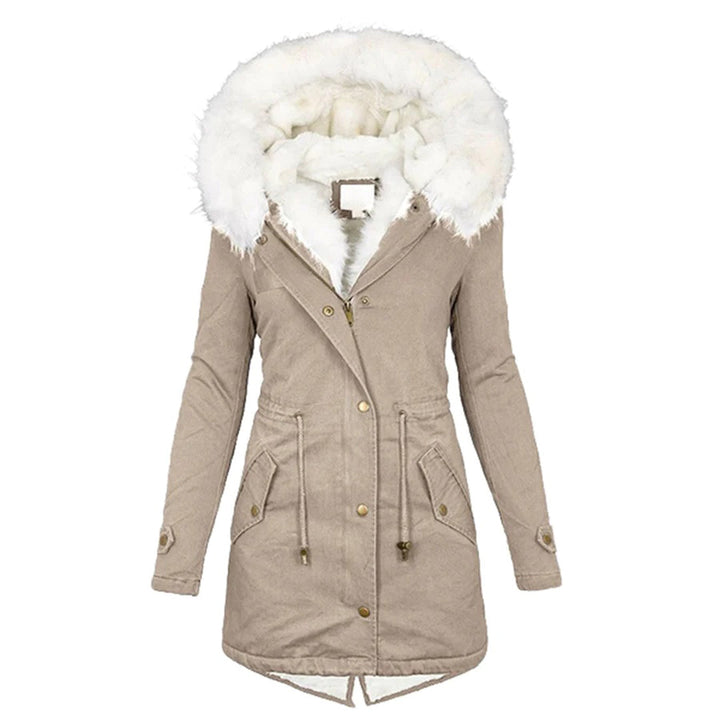 Women's luxe warm winter coat, elegant and insulated for ultimate cold weather comfort and style.
