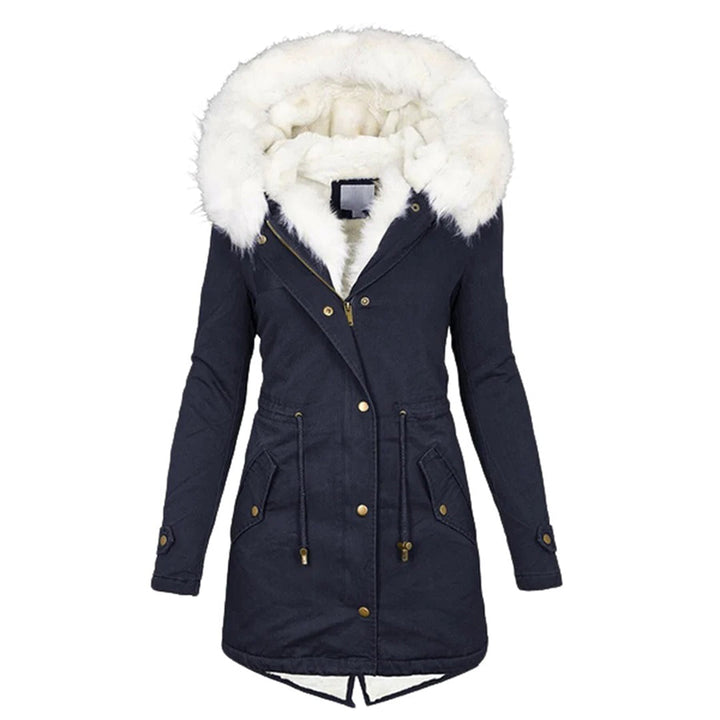 Elegant women's warm winter coat, designed for cozy comfort and chic cold weather style.