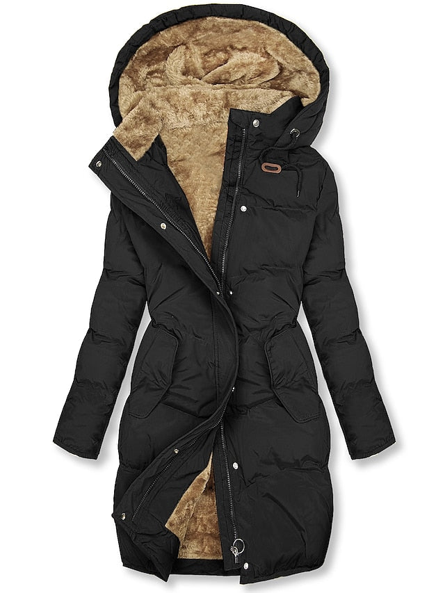 Stylish women's long hooded winter coat, insulated for warmth, ideal cold weather outerwear.