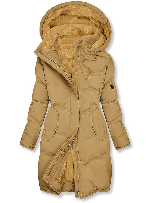 Fashionable women's insulated winter coat, a warm, long jacket providing stylish comfort in cold weather.