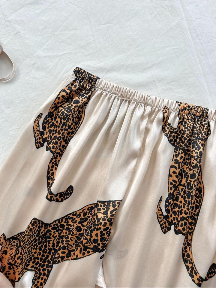 Comfortable women's leopard print pajama set, a stylish silk loungewear option for elegant nights.