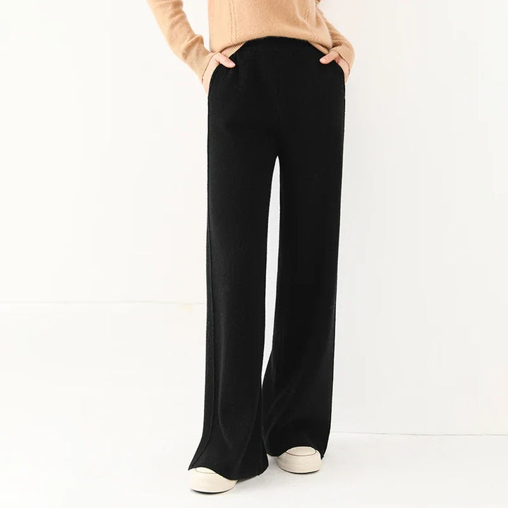 Luxurious women's merino wool trousers, relaxed fit, cozy, breathable, and elegant for winter fashion.