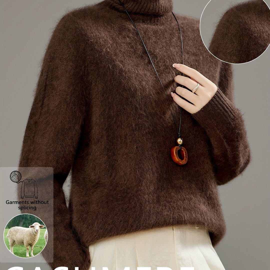 Women's elegant long-sleeve turtleneck sweater, cozy knit and relaxed fit for cold weather.