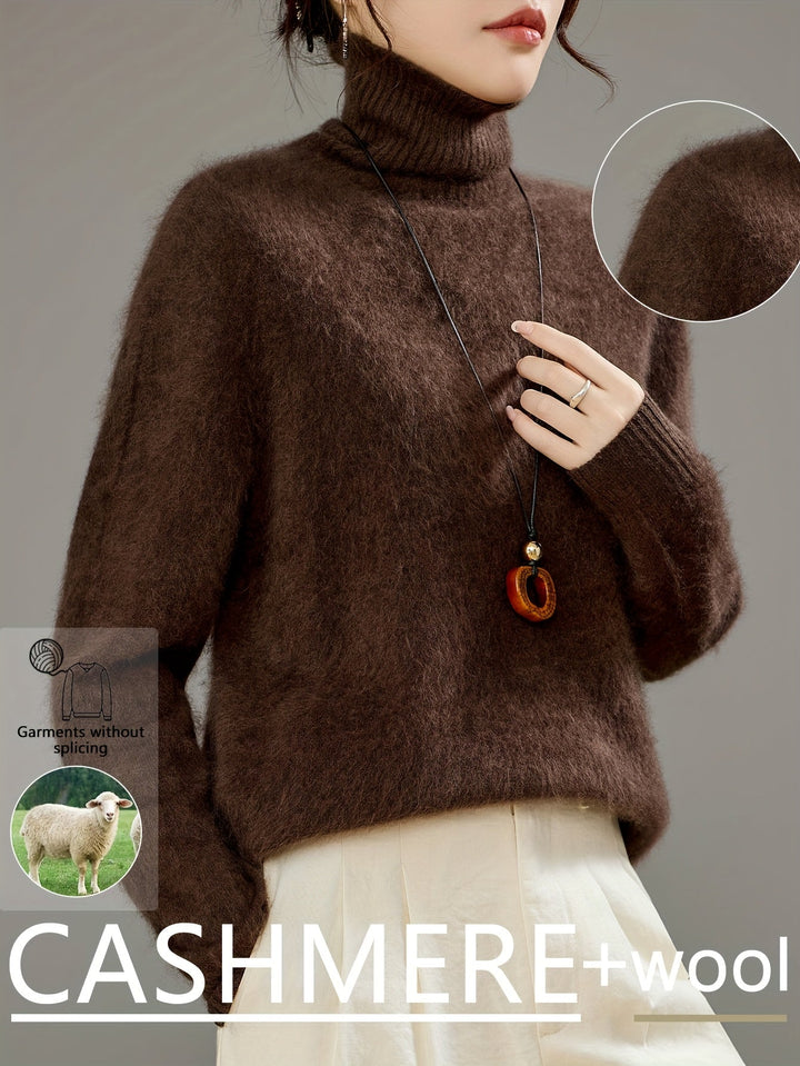 Long-sleeve women's turtleneck sweater, solid color, comfortable and relaxed fit.