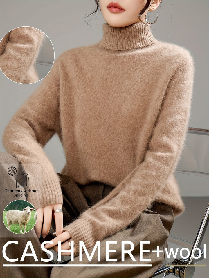 Model in a luxurious women's turtleneck sweater, relaxed fit, perfect for elegant winter warmth.