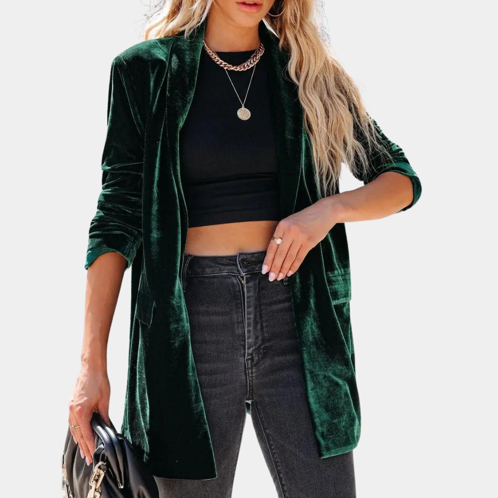Sophisticated women's velvet coat, a luxurious long sleeve jacket for elegant fashion.