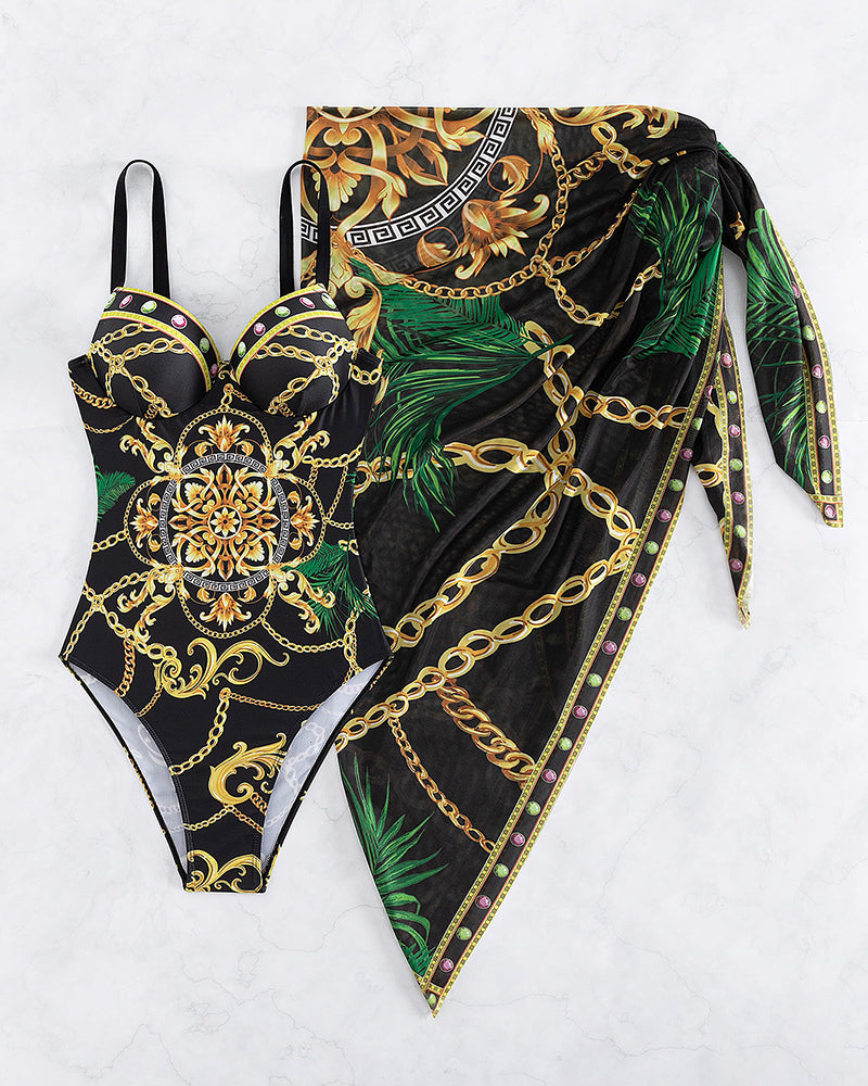 Designer inspired women's baroque chain print swimsuit & wrap skirt set, luxury beachwear for summer vacation.