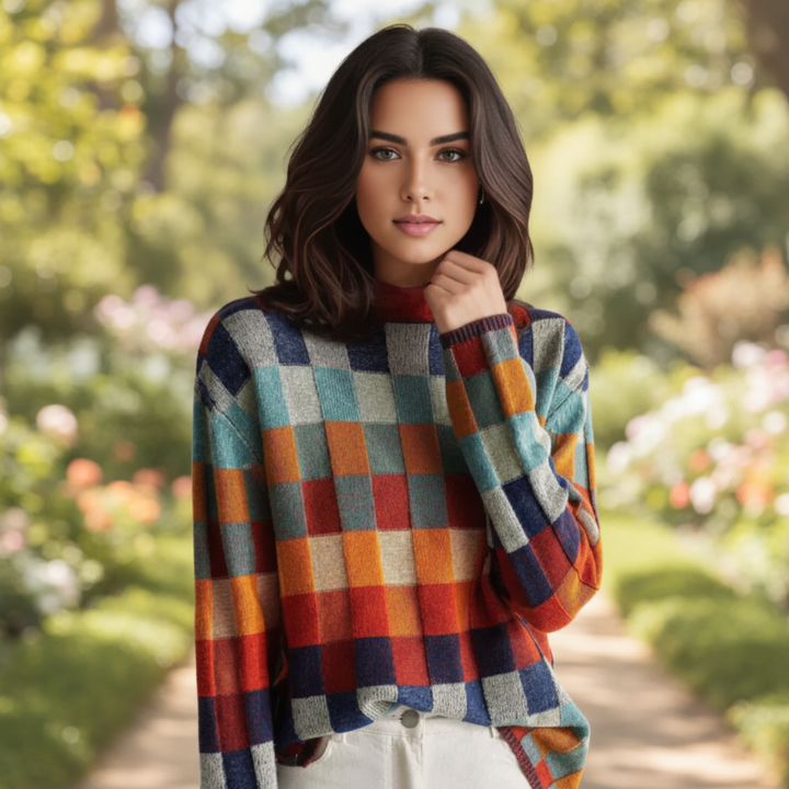 Women's luxury cashmere patchwork roll neck sweater, front view, sustainable fashion