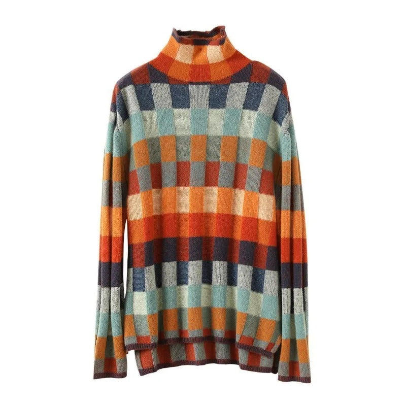 Vibrant colors in a women's patchwork cashmere roll neck sweater, unique and cozy