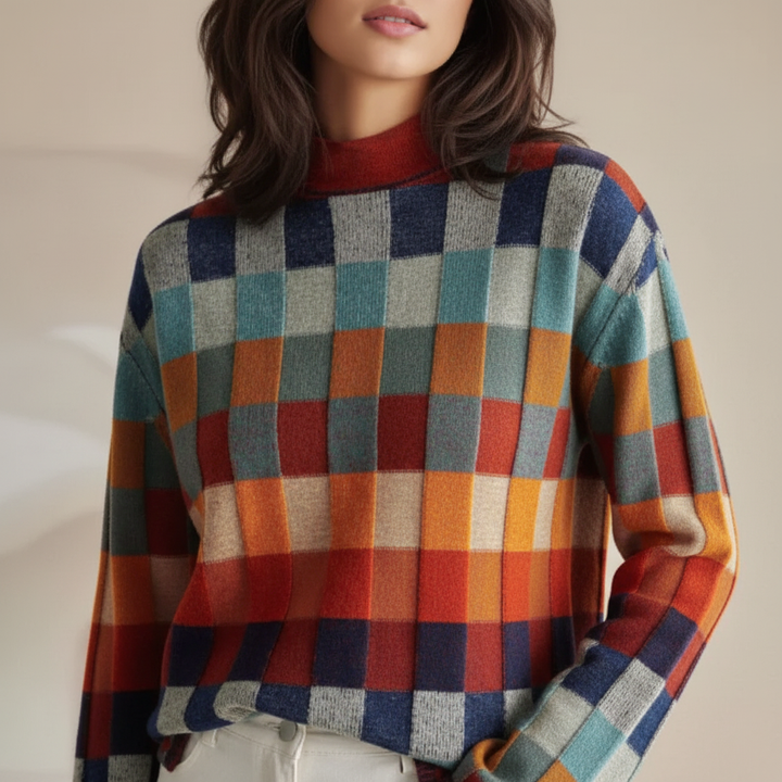 Cozy women's cashmere roll neck sweater with unique patchwork design, luxury knitwear