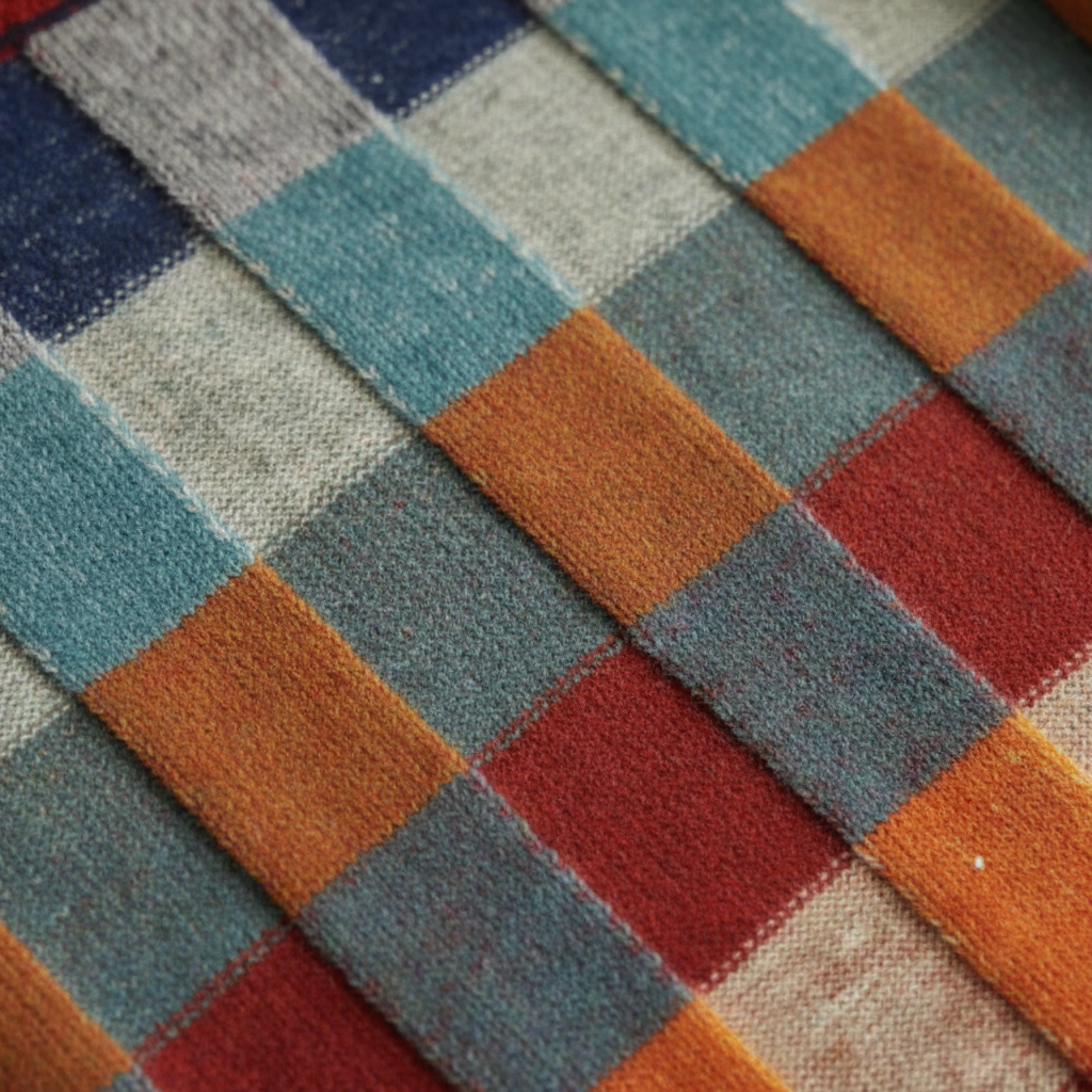 Close-up of a high-quality cashmere patchwork roll neck sweater, soft texture