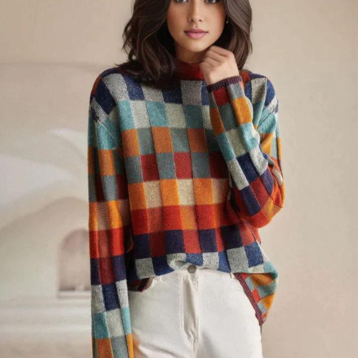 Model wearing an elegant women's luxury cashmere roll neck sweater, winter wear