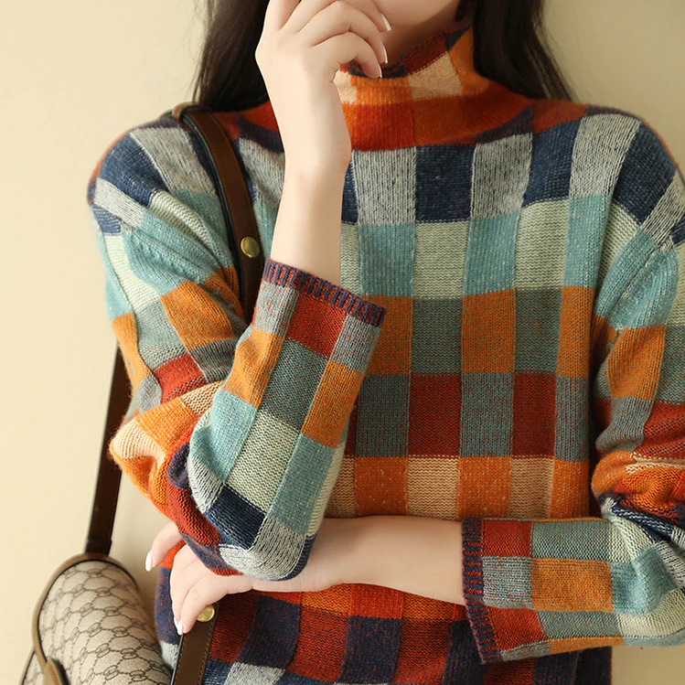 Luxury women's knitwear, cashmere roll neck patchwork sweater, sophisticated style