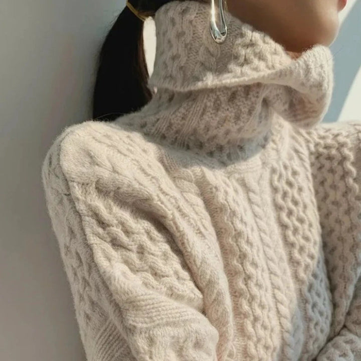 Women's luxury checkered pattern turtleneck sweater, elegant & warm for fall & winter fashion.