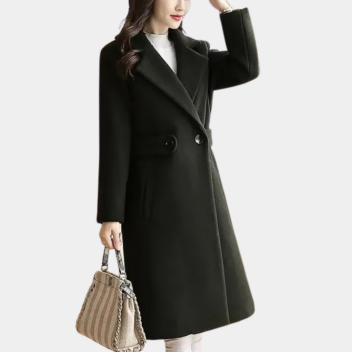Women's luxury elegant winter coat with a stylish belt, perfect for chic occasion wear.