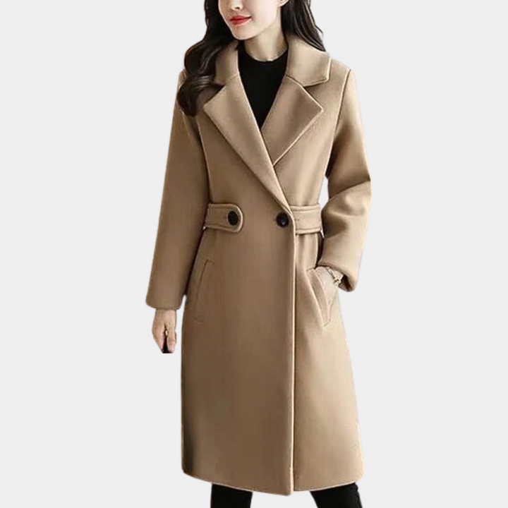 Warm & fashionable women's long winter coat with a belt, ideal for elegant cold-weather outerwear.