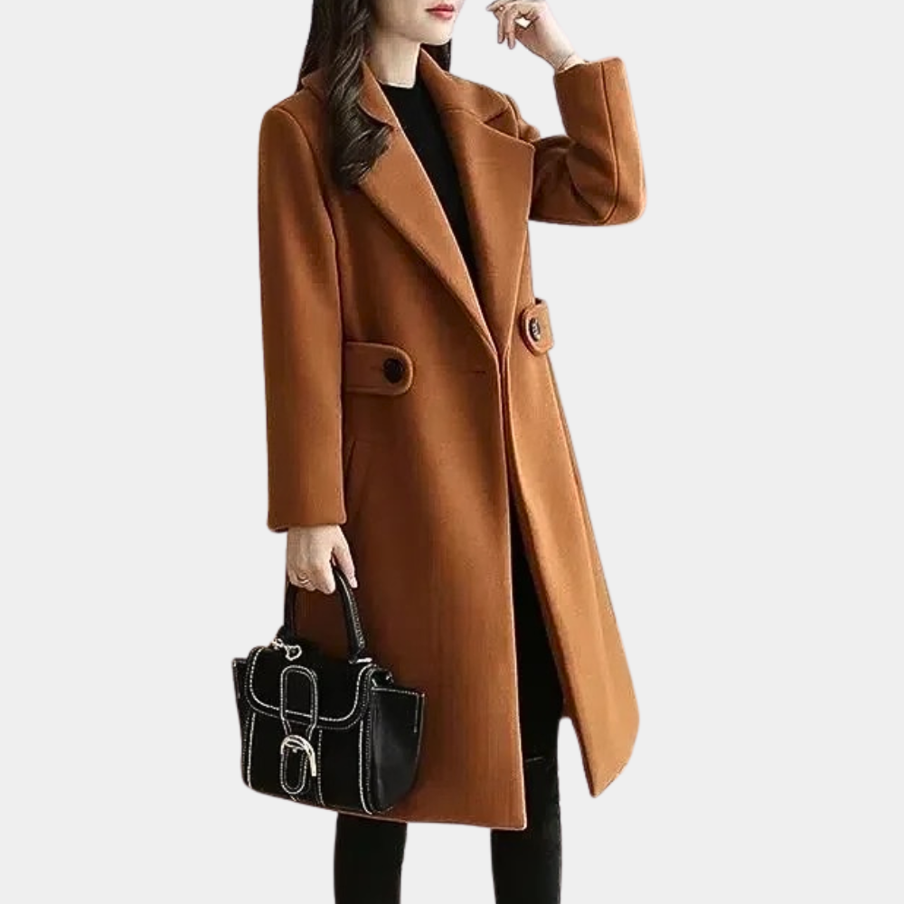 Chic belted women's luxury winter jacket, offering sophisticated style and warmth for formal occasions.