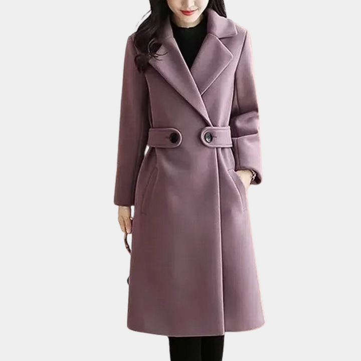 High-end fashion women's elegant winter outerwear, a luxury long coat with a belt for comfort & style.