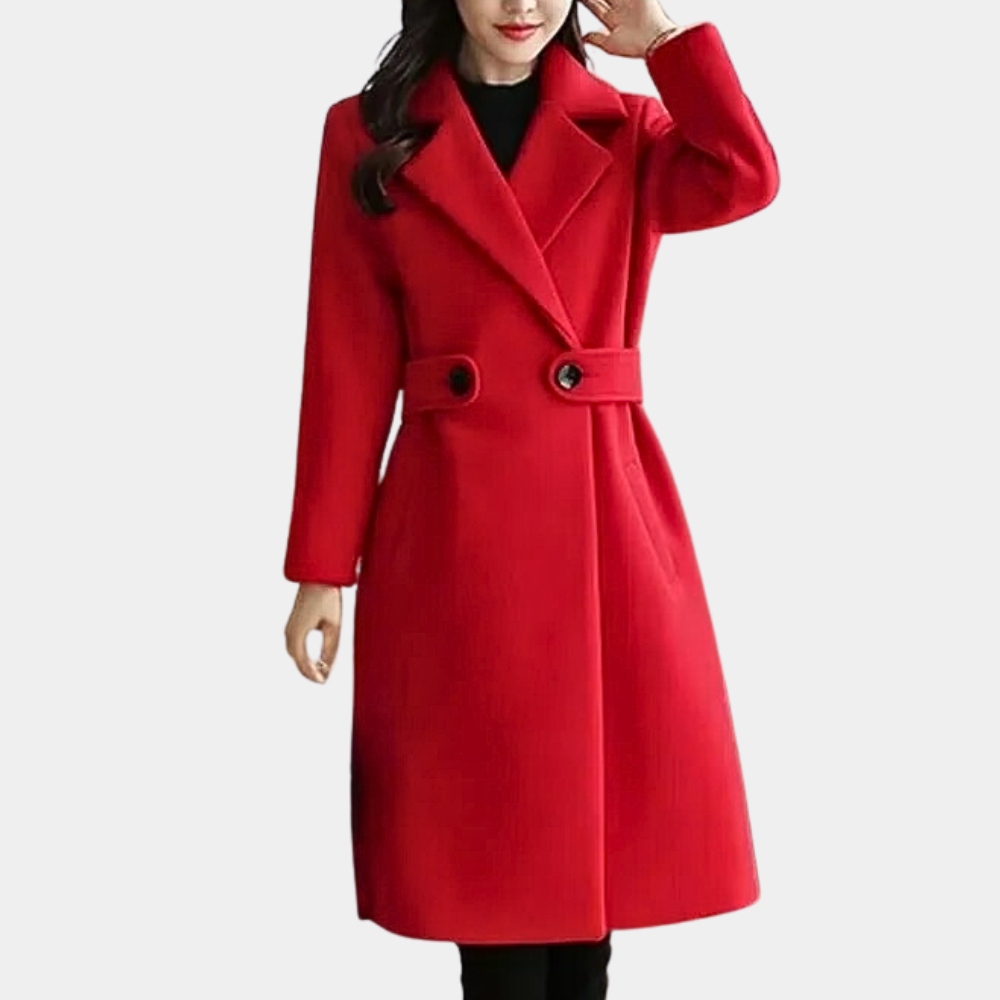 Elegant women's luxury winter coat with a sleek belted design, perfect for sophisticated occasion wear.