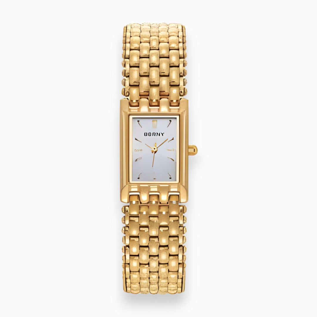 Elegant women's gold-plated quartz watch with a modern square dial, a stylish luxury accessory and perfect gift for her.