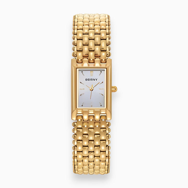 Elegant women's gold-plated quartz watch with a modern square dial, a stylish luxury accessory and perfect gift for her.