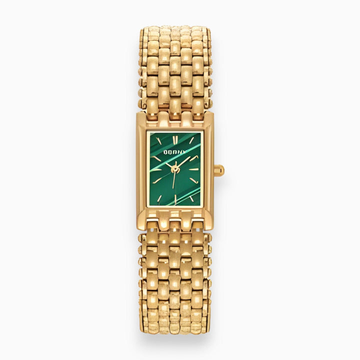 Chic gold-plated women's square quartz watch. This luxury timepiece is water-resistant and a versatile everyday fashion accessory.