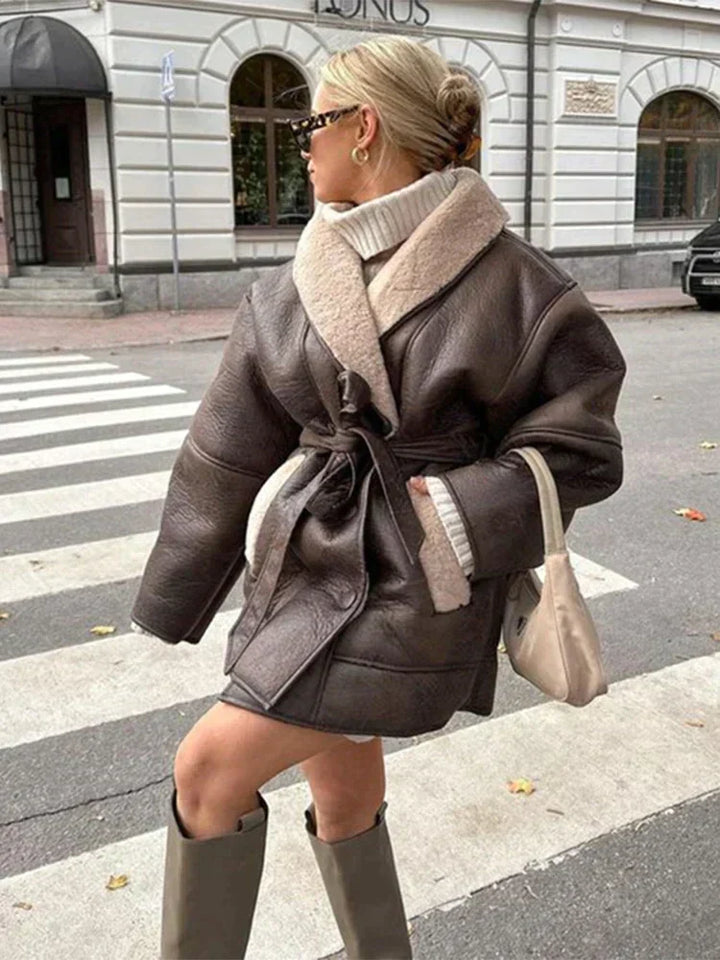 Mirabelle luxury winter coat for women, a stylish leather and fur outerwear piece perfect for cold weather fashion.