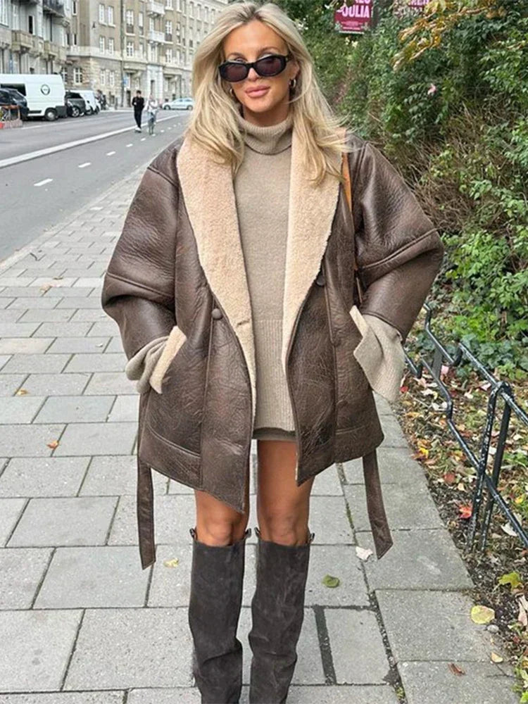 Chic ladies' luxury Mirabelle leather and fur winter coat, an elegant and warm outerwear choice for cold fashion.