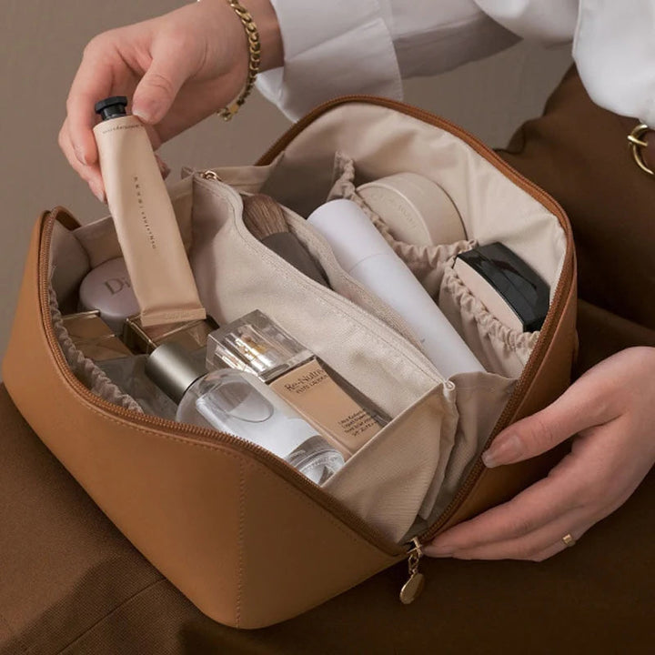 Durable luxury vanity case, perfect travel makeup organizer for women. Keeps cosmetics secure & stylishly stored.