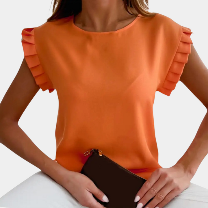 Soft women's casual t-shirt featuring stylish flutter sleeves, great for breathable summer wear.