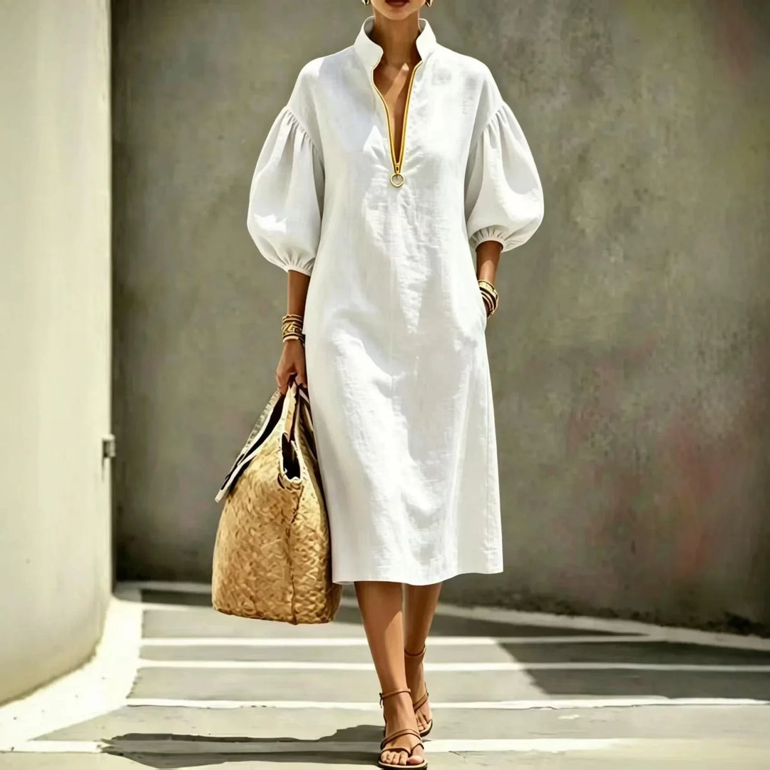 Madelyn women's chic midi dress featuring a relaxed fit, half-zip, and elegant bubble sleeves. Great for casual fashion.