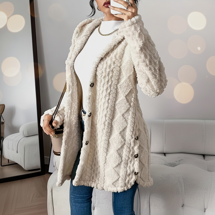 Women's Maja long faux fur hooded cardigan, cozy winter outerwear with button closure