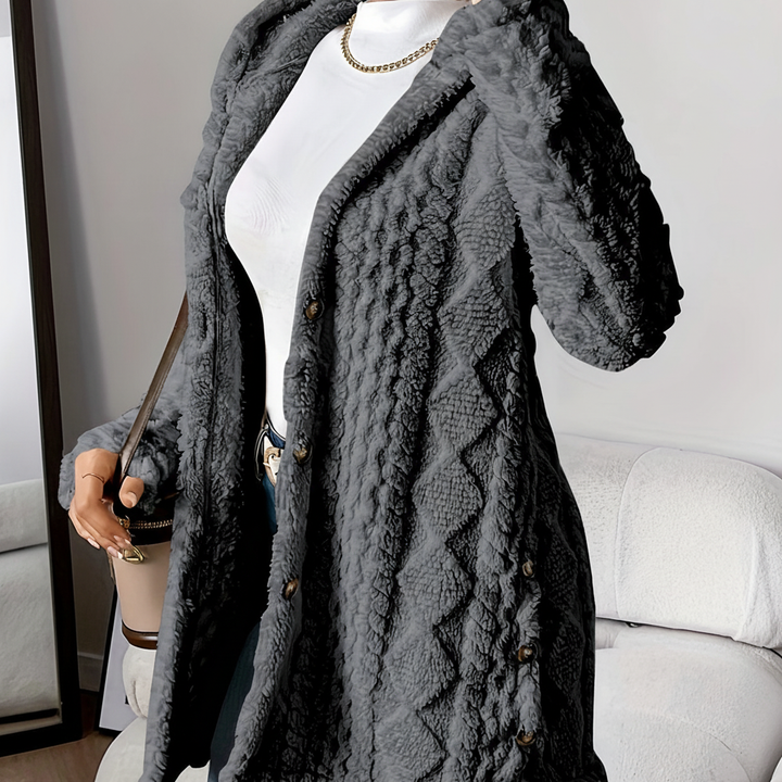 Stylish Maja women's long cardigan, faux fur trim hood for cozy winter fashion