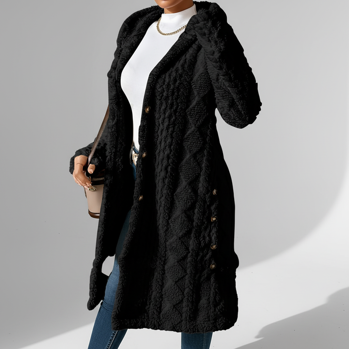 Warm and soft women's hooded long cardigan, Maja design with faux fur and buttons