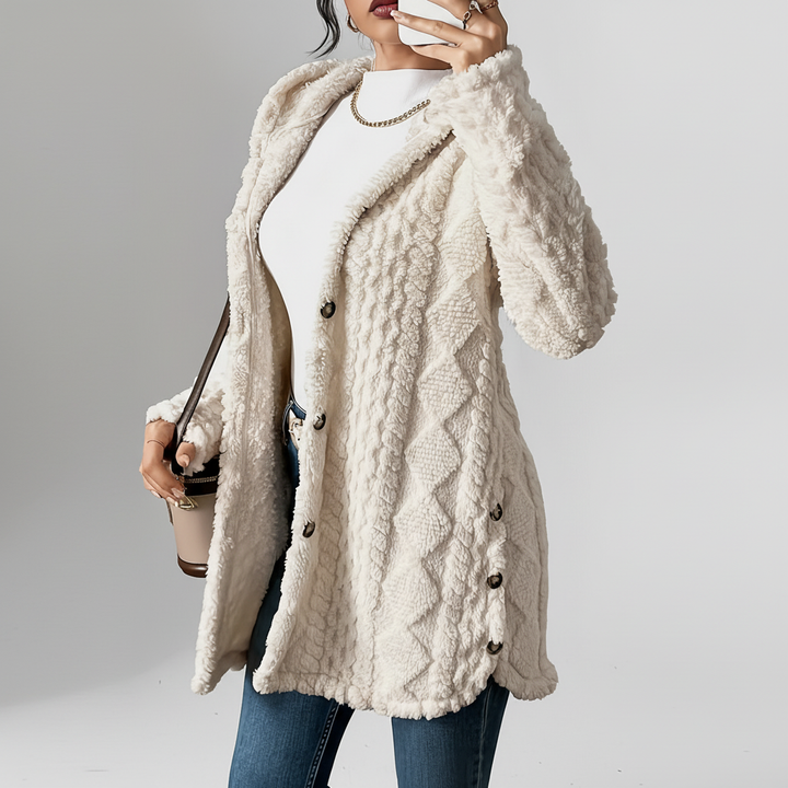 Maja women's loose fit long cardigan with faux fur trim, warm winter fashion
