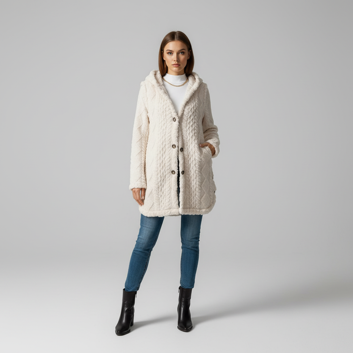 Women's Maja long knit cardigan with faux fur hood, comfortable button closure