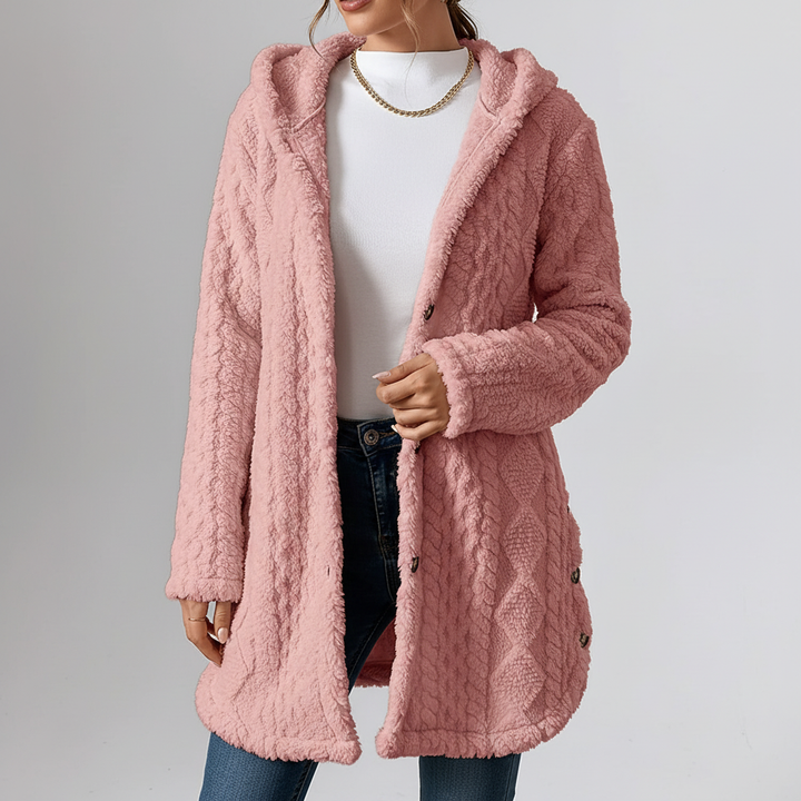 Loose fit long coat style cardigan for women, Maja faux fur hooded design