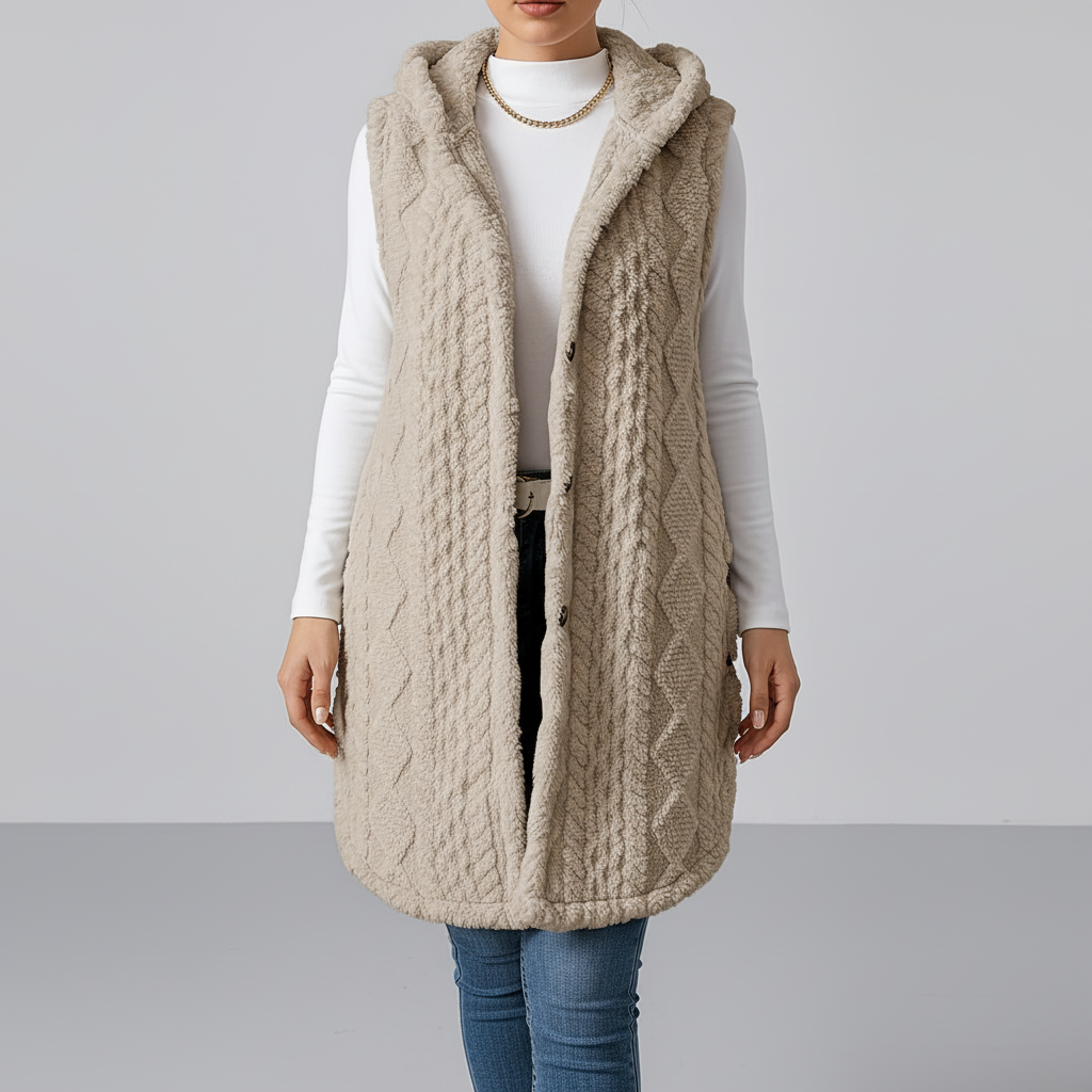 Elegant women's faux fur hooded long cardigan, Maja button-front winter jacket
