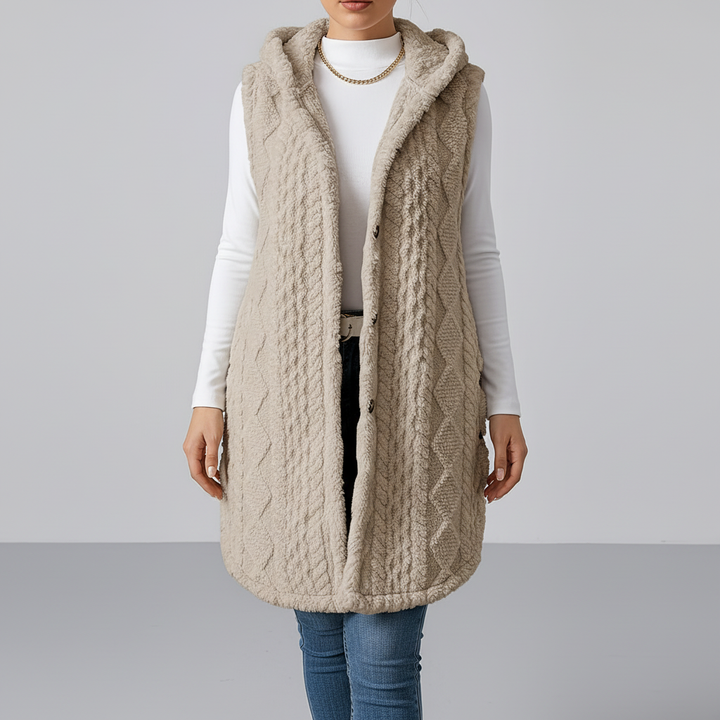 Elegant women's faux fur hooded long cardigan, Maja button-front winter jacket