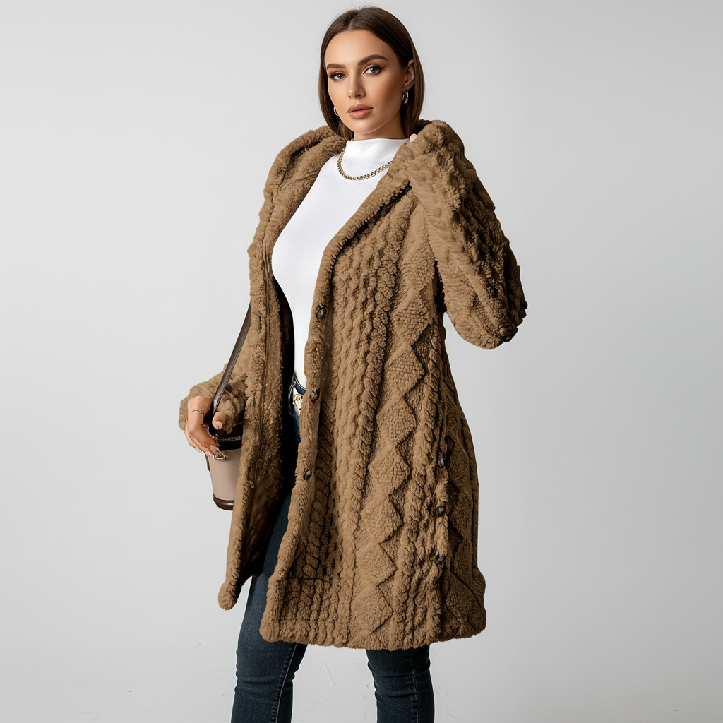 Comfortable and cozy Maja long cardigan with faux fur hood, ideal winter outerwear