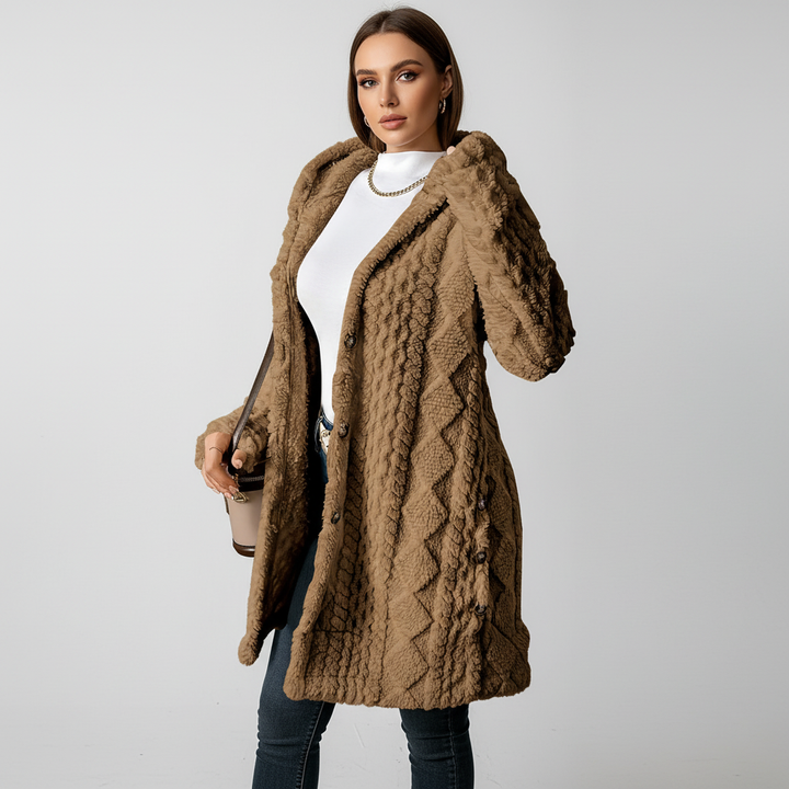 Comfortable and cozy Maja long cardigan with faux fur hood, ideal winter outerwear